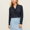 Split Neck Bow Blouse with Long Blouson Sleeves and Button Cuffs