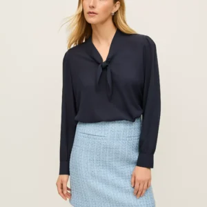 Split Neck Bow Blouse with Long Blouson Sleeves and Button Cuffs