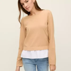 Mixed Media Long Sleeve Top with Crew Neck