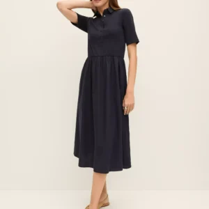 Collared Mixed Media Midi Dress with Knit Top and Shirred Skirt