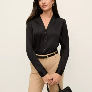 Satin Blouse with Notched Collar and Button Front