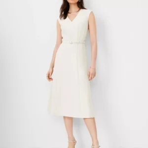 V Neck Midi Dress with Cap Sleeves and Belted Waist