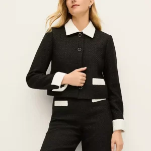Tweed Jacket with Contrast Trim, Point Collar, and Front Button Closure