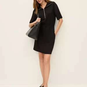 Half Zip Shift Dress with Short Sleeves and Elastic Waist