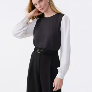 Colorblock Blouse with Crew Neck and Long Blouson Sleeves