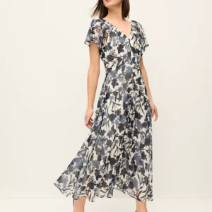 Floral Midi Dress with Flutter Sleeves and V Neck