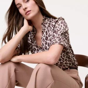 Animal Print Shirt with Ruffle Collar and Puff Sleeves