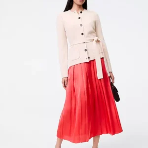 Pleated Satin Midi Skirt with Elastic Waist