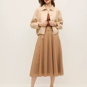 Pleated Midi Skirt with Adjustable Belt and Side Zip Closure