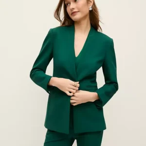 Collarless Ponte Blazer with V Neck and Single Button Closure