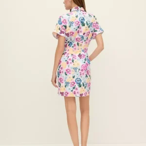 Alternative view of Floral Linen Blend Shirtdress with Pleated Waist and Button Front