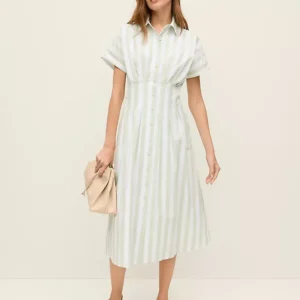 Striped Pleated Maxi Shirtdress with Button Front and Short Sleeves