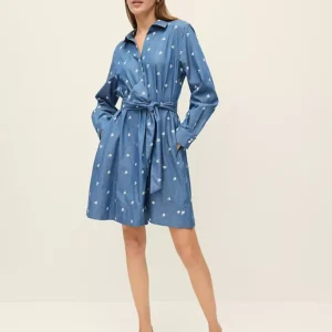 Embroidered Cotton Dress with Belted Waist and Long Sleeves