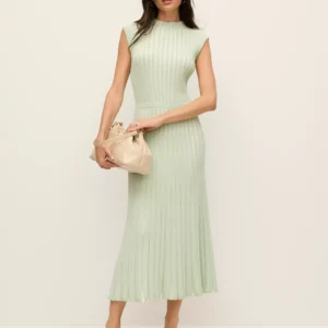 Ribbed Mock Neck Midi Sweater Dress with Short Sleeves and Elastic Waist